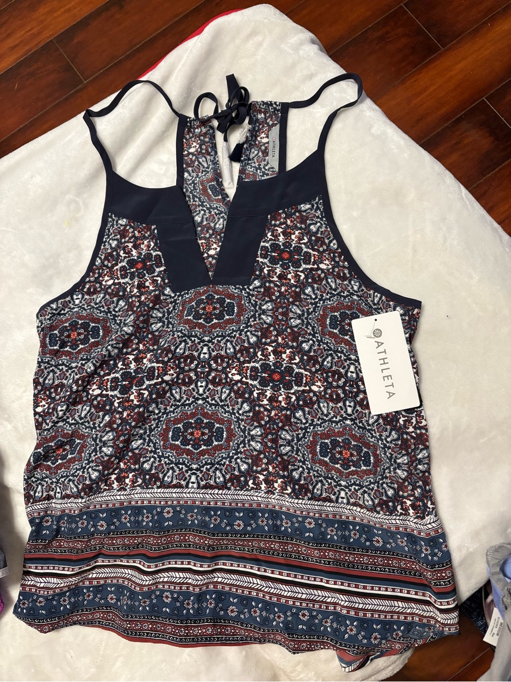Athleta Navy Multicolor Paisley Tie-Back tank